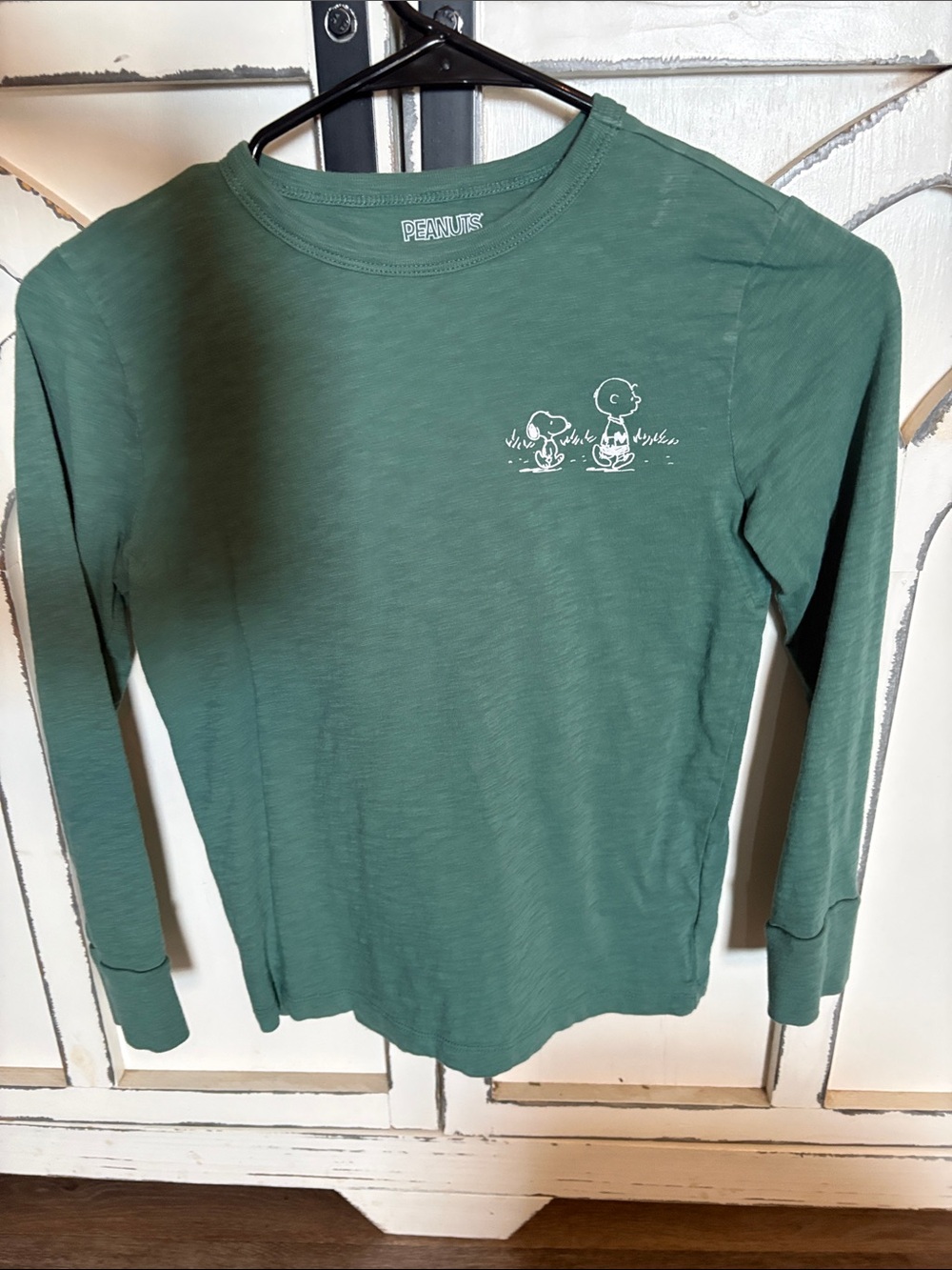 Crewcuts Green Long Sleeve Peanuts Tee with Snoopy & Charlie Brown Chest Sketch
